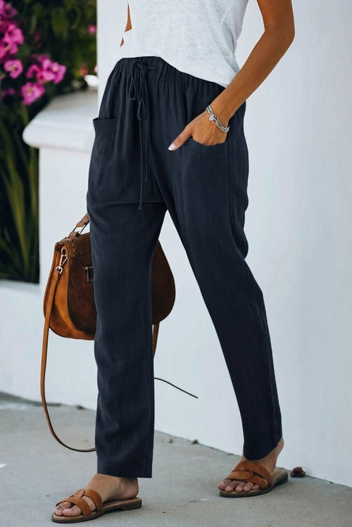 Khaki Casual Drawstring Elastic Waist Pants with Pockets