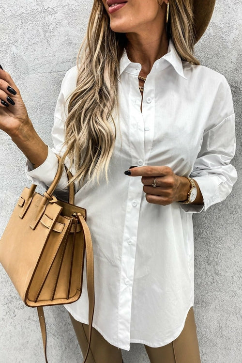 Curved Hem Dropped Sleeve Button Closure Basic Blouse