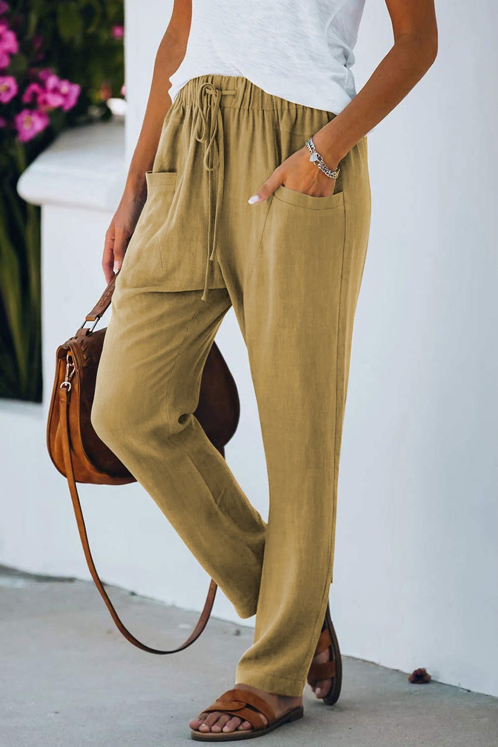 Khaki Casual Drawstring Elastic Waist Pants with Pockets