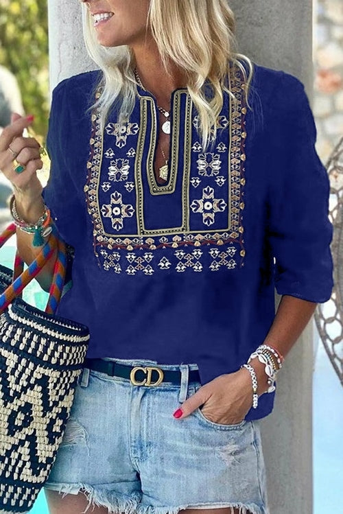 3/4 Sleeves Embroidered Pattern Pleated Blouse