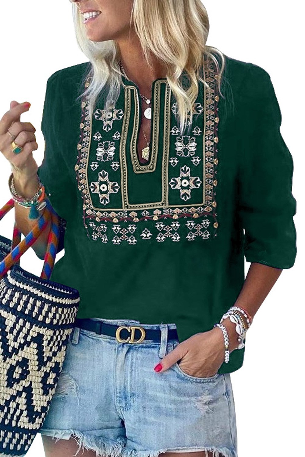 3/4 Sleeves Embroidered Pattern Pleated Blouse