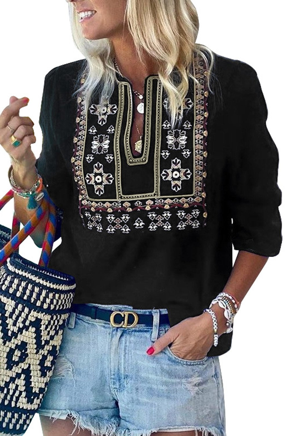 3/4 Sleeves Embroidered Pattern Pleated Blouse