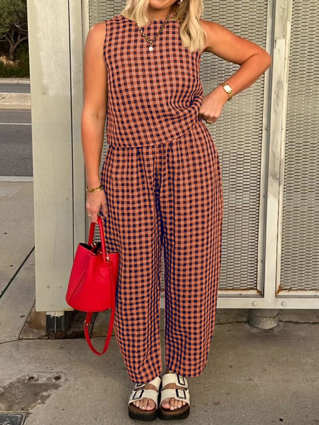 Women's 2 pc. Lovely Plaid Round Sleeveless Jumpsuit