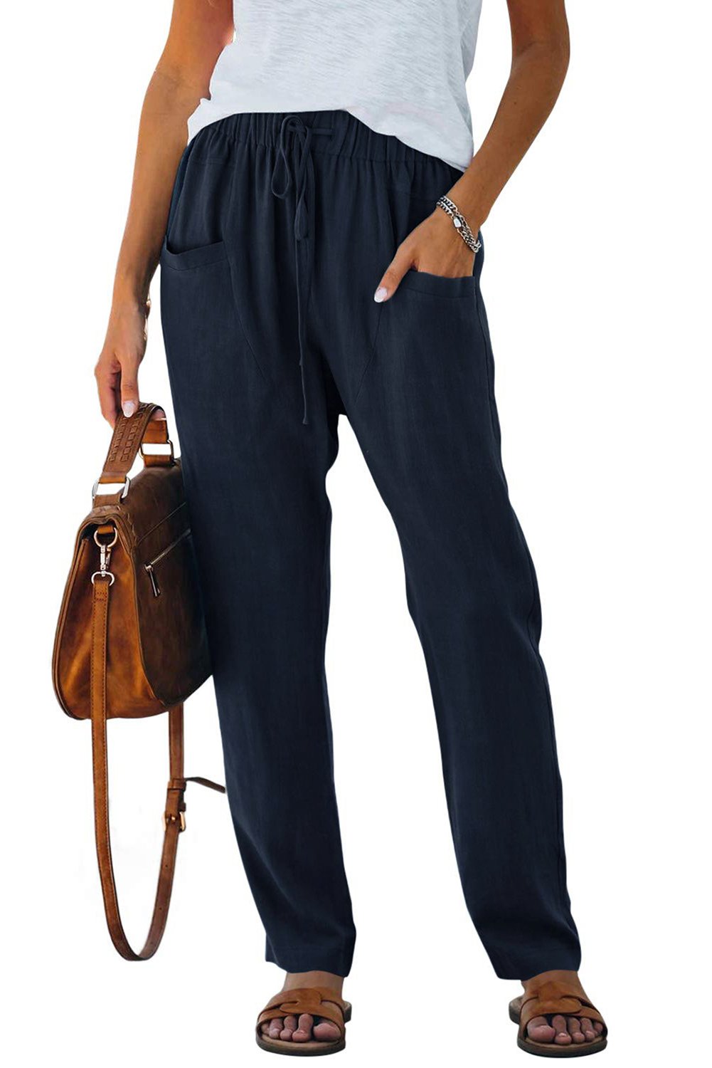 Khaki Casual Drawstring Elastic Waist Pants with Pockets