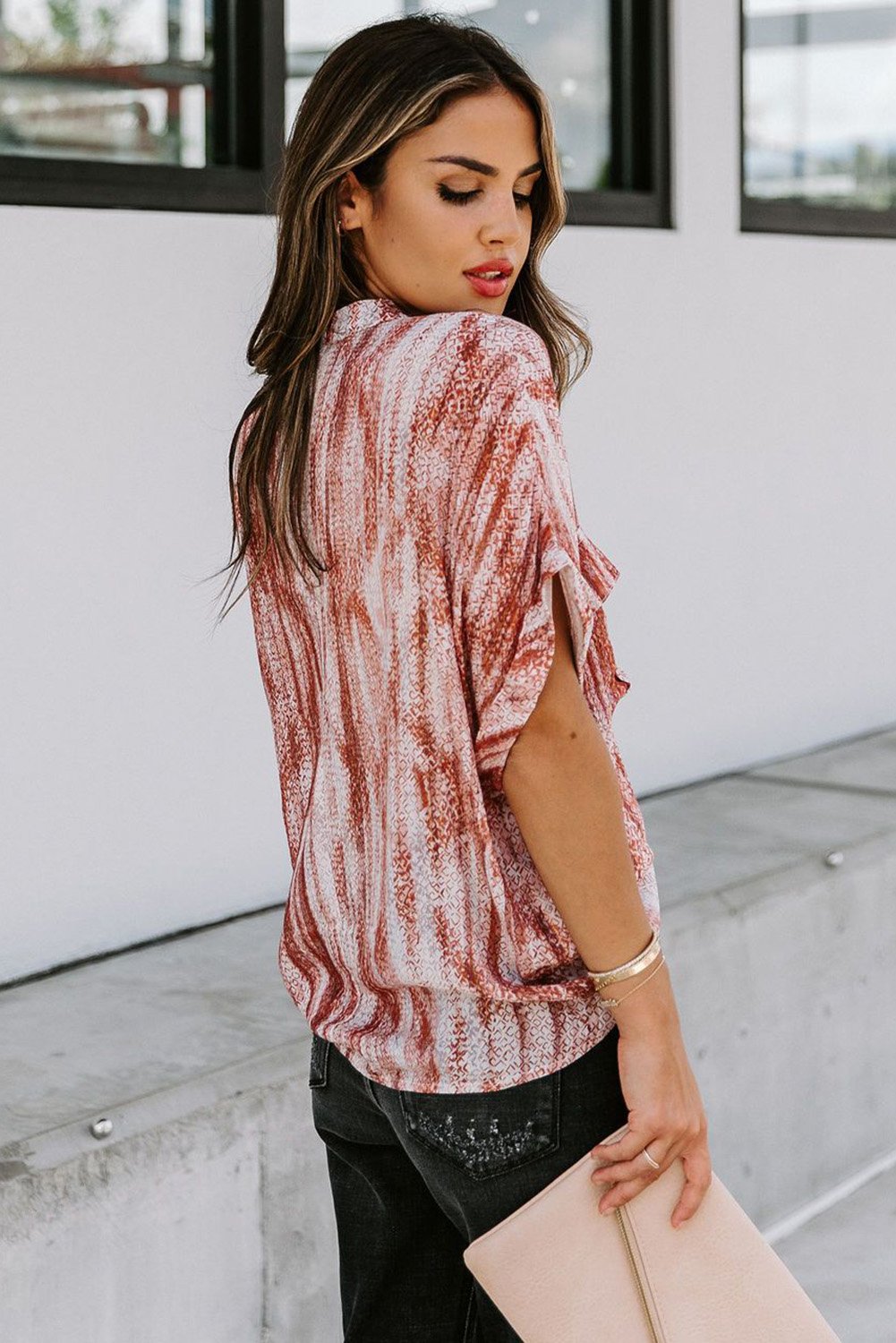 Printed Pocket Short Sleeve Blouse