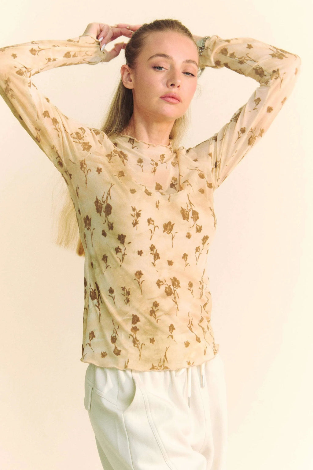 Floral Mesh Long Sleeve Sheer Layering Top