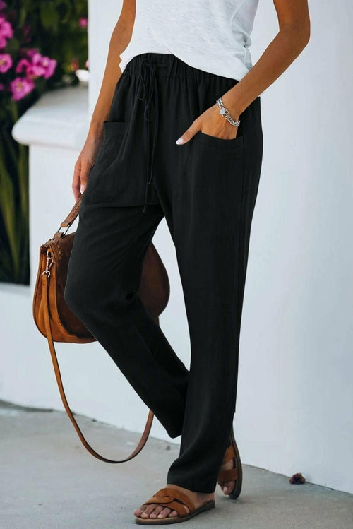 Khaki Casual Drawstring Elastic Waist Pants with Pockets