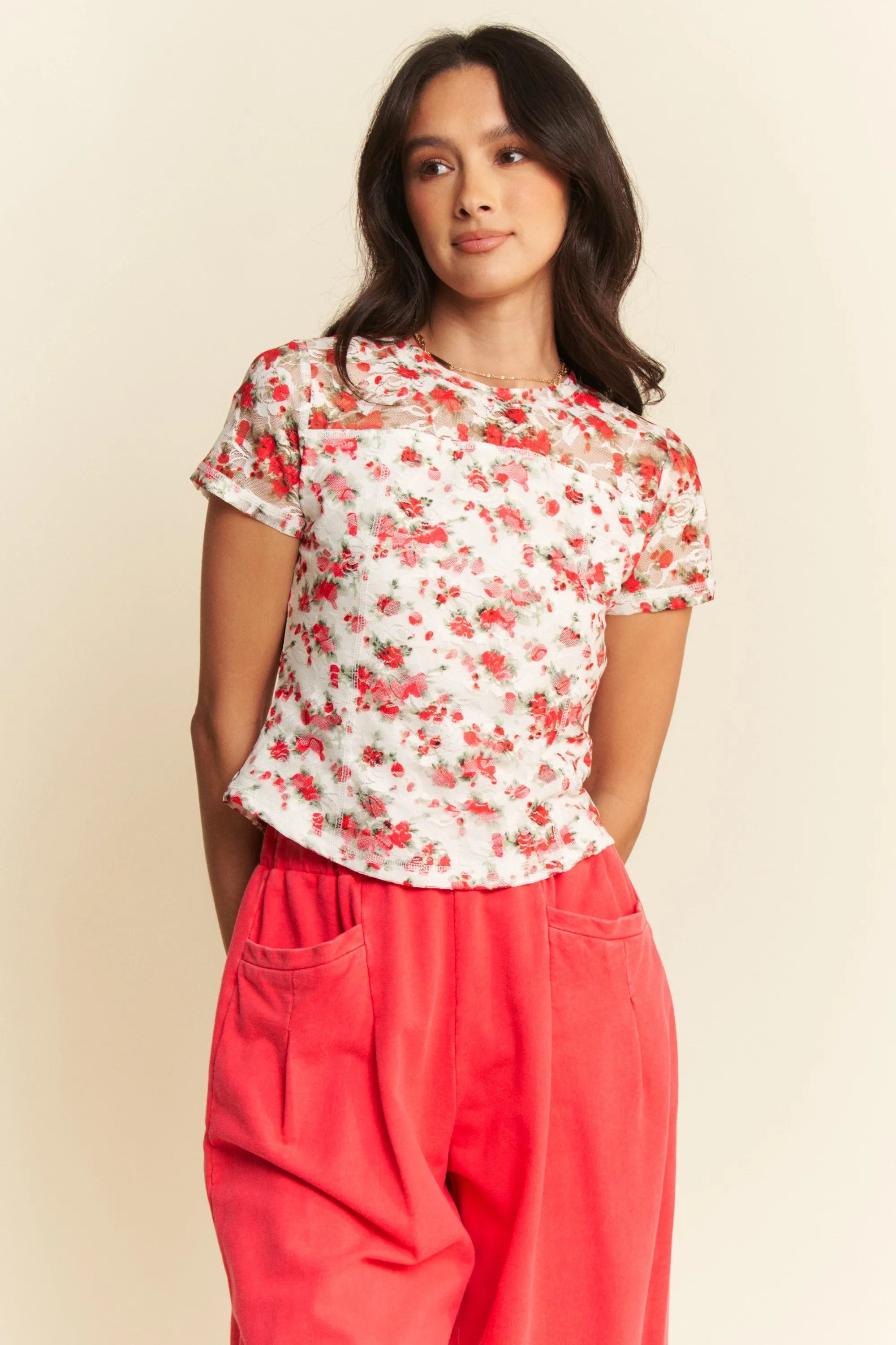 Davi & Dani Ribbon Short Sleeve Layered Mesh Top