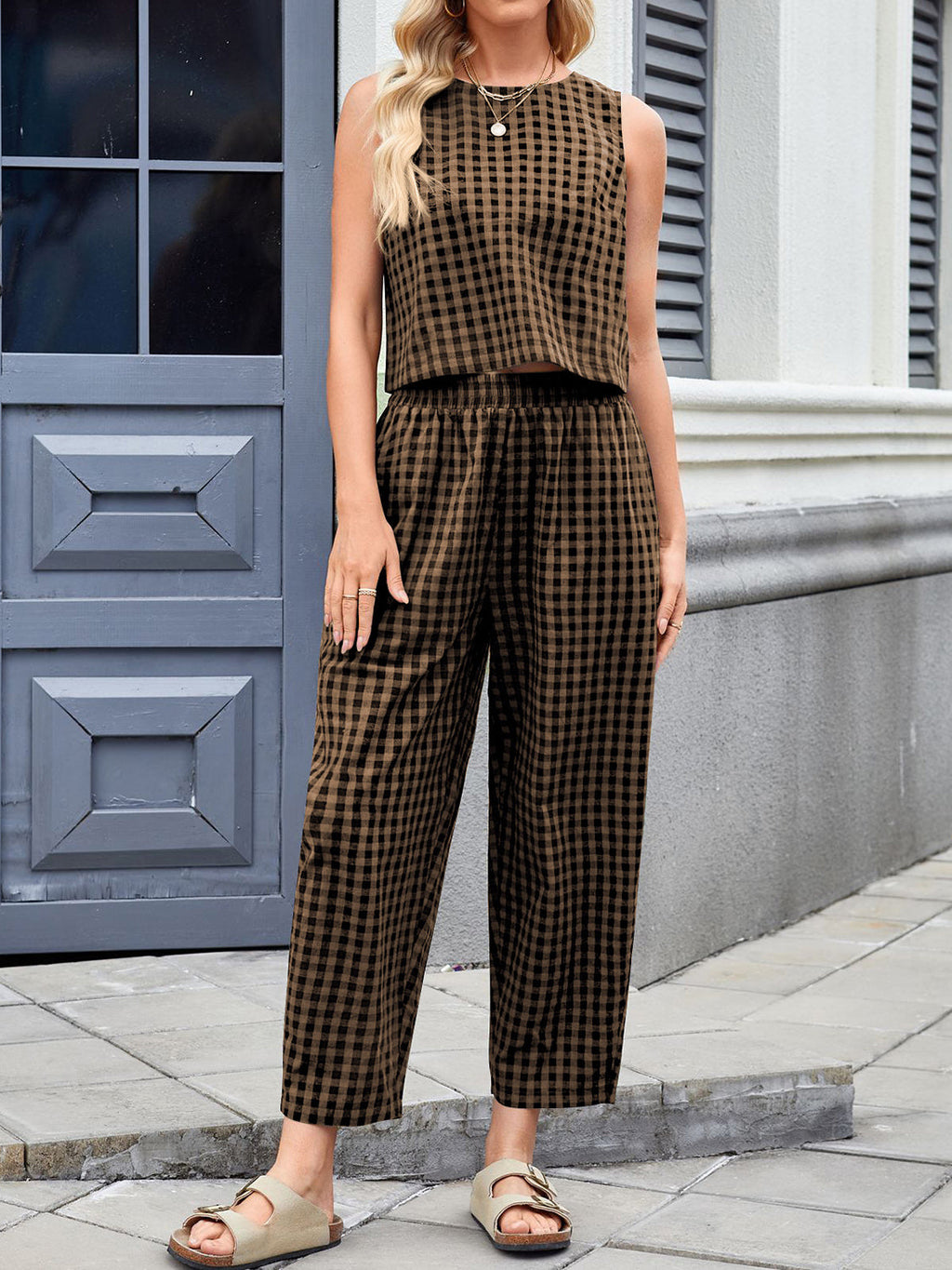 Women's 2 pc. Lovely Plaid Round Sleeveless Jumpsuit