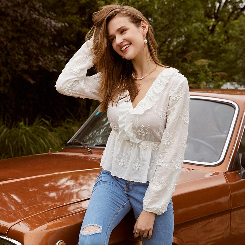 Sexy white pattern ruched women blouse V-neck long sleeves ruffle