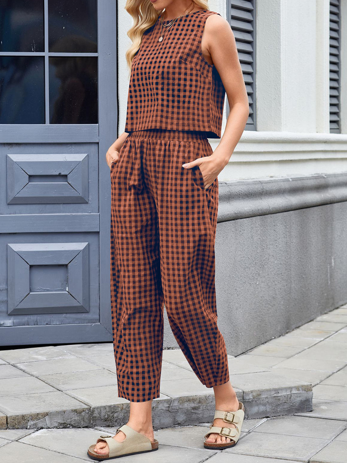 Women's 2 pc. Lovely Plaid Round Sleeveless Jumpsuit
