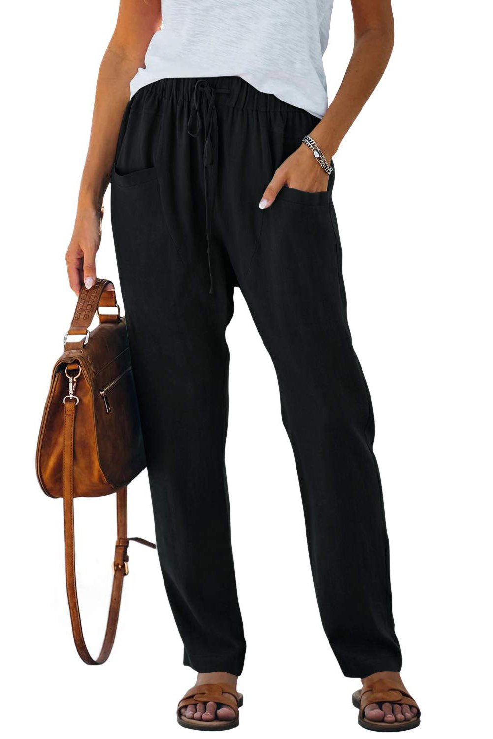 Khaki Casual Drawstring Elastic Waist Pants with Pockets