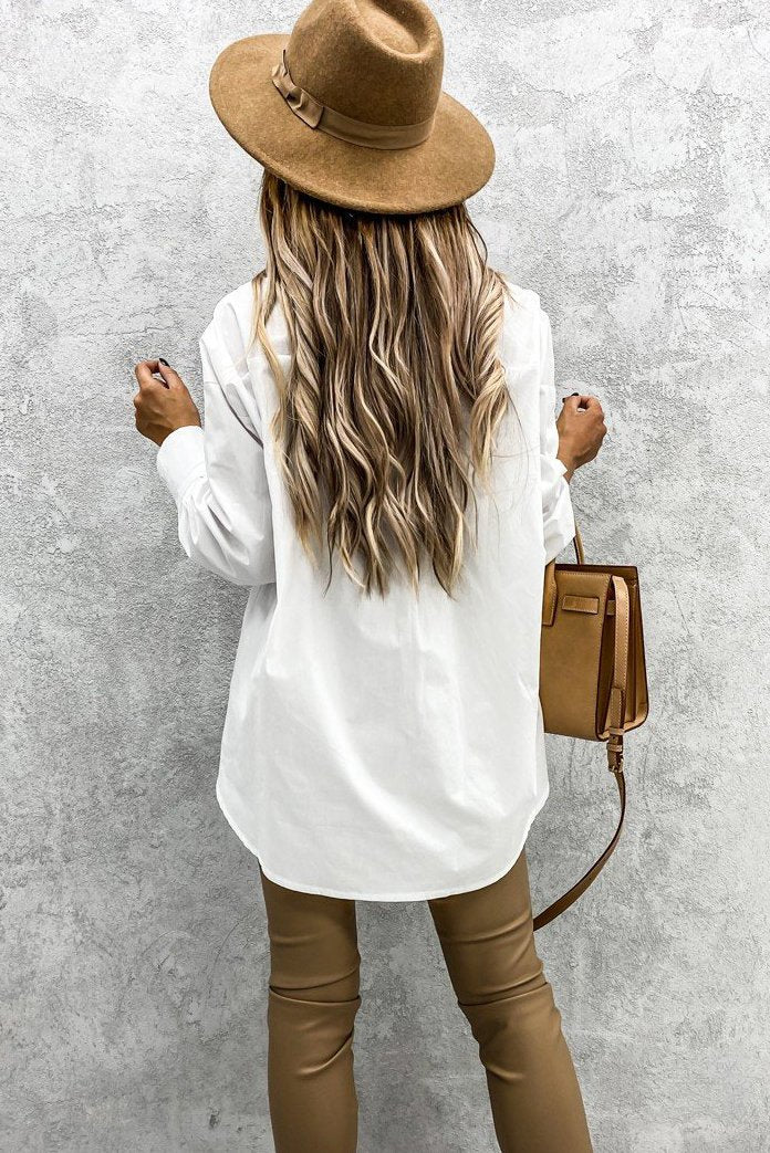 Curved Hem Dropped Sleeve Button Closure Basic Blouse