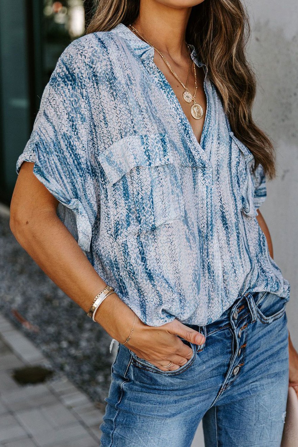 Printed Pocket Short Sleeve Blouse