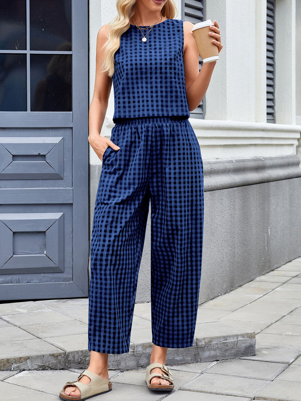 Women's 2 pc. Lovely Plaid Round Sleeveless Jumpsuit