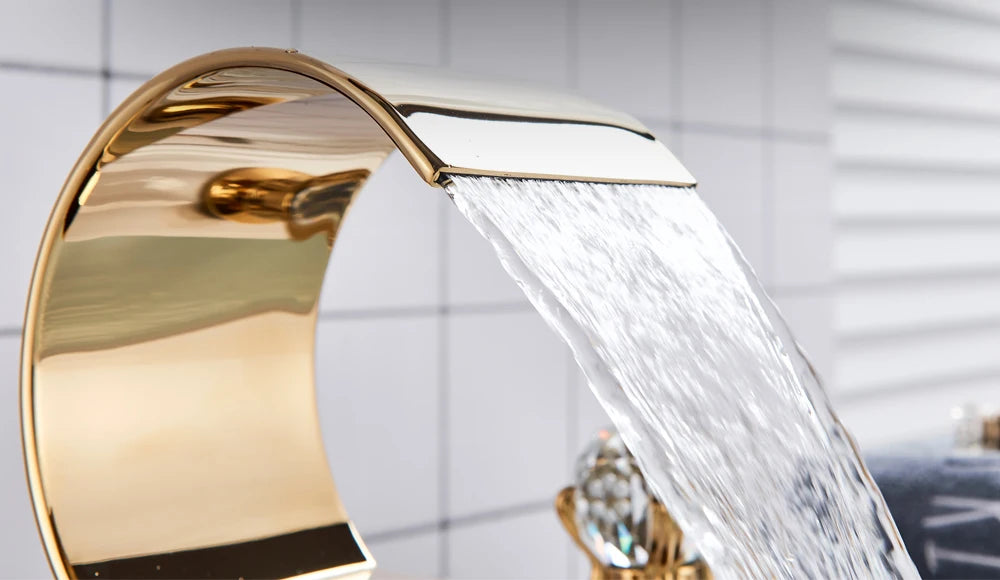 Golden Basin Faucet Deck Mount Widespread Brass Bathroom Basin Mixer Tap Dual Handle Cold and Hot Water Crane Vessel Sink Taps
