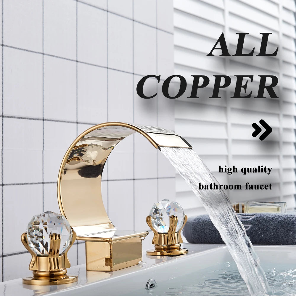 Golden Basin Faucet Deck Mount Widespread Brass Bathroom Basin Mixer Tap Dual Handle Cold and Hot Water Crane Vessel Sink Taps