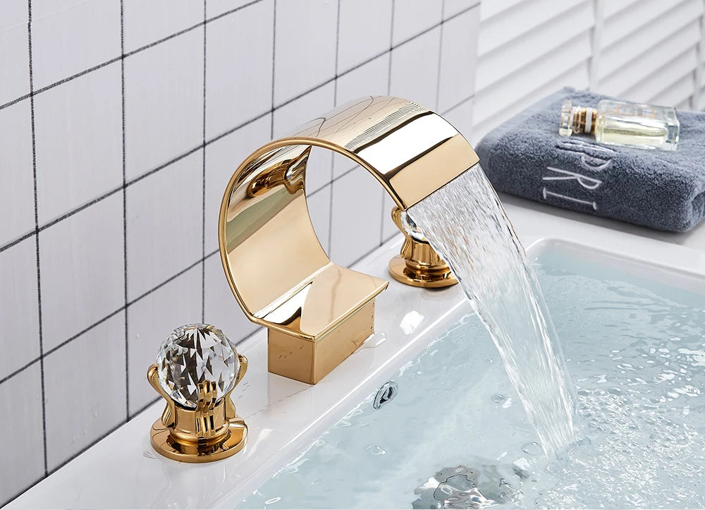 Golden Basin Faucet Deck Mount Widespread Brass Bathroom Basin Mixer Tap Dual Handle Cold and Hot Water Crane Vessel Sink Taps