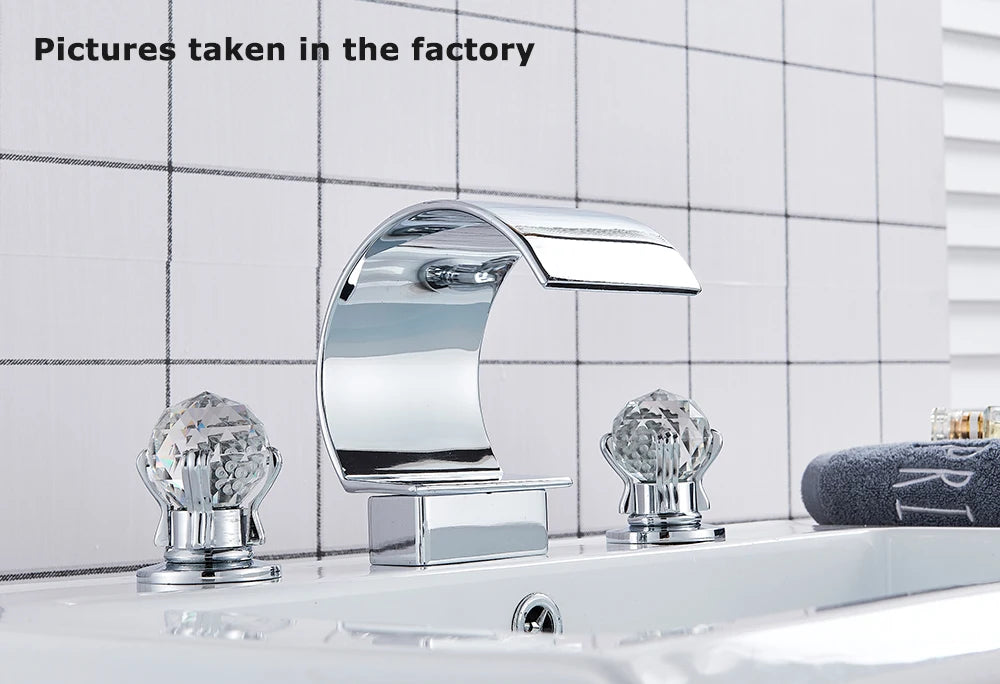 Golden Basin Faucet Deck Mount Widespread Brass Bathroom Basin Mixer Tap Dual Handle Cold and Hot Water Crane Vessel Sink Taps