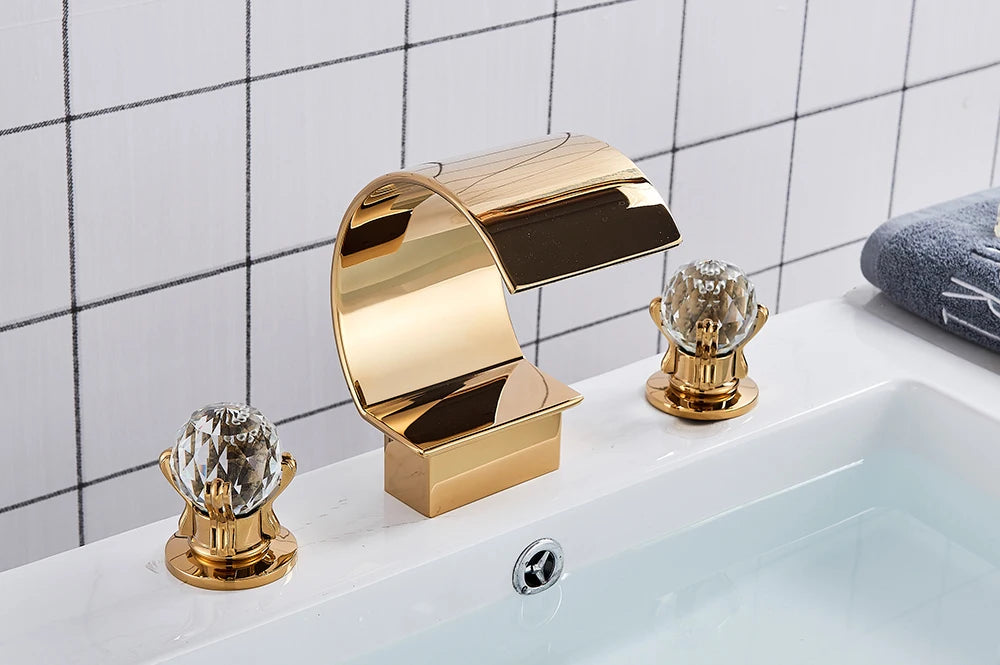 Golden Basin Faucet Deck Mount Widespread Brass Bathroom Basin Mixer Tap Dual Handle Cold and Hot Water Crane Vessel Sink Taps