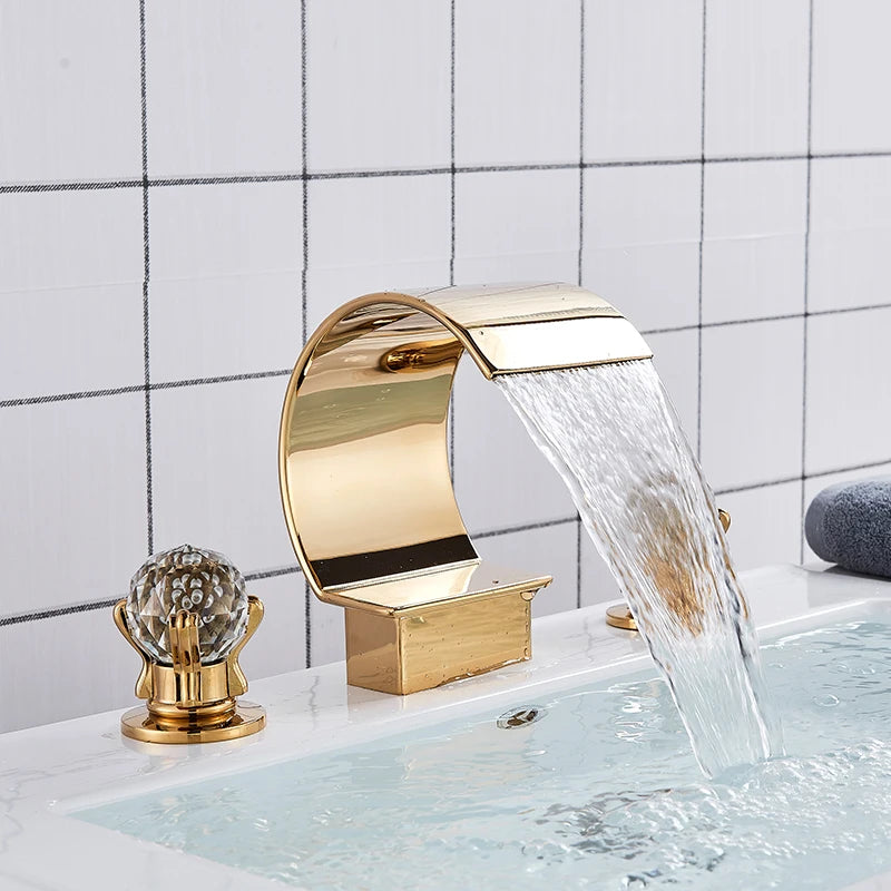 Golden Basin Faucet Deck Mount Widespread Brass Bathroom Basin Mixer Tap Dual Handle Cold and Hot Water Crane Vessel Sink Taps