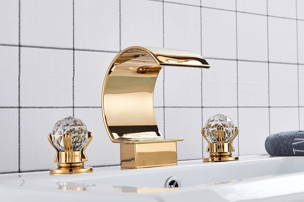 Golden Basin Faucet Deck Mount Widespread Brass Bathroom Basin Mixer Tap Dual Handle Cold and Hot Water Crane Vessel Sink Taps