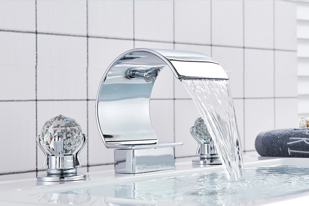 Golden Basin Faucet Deck Mount Widespread Brass Bathroom Basin Mixer Tap Dual Handle Cold and Hot Water Crane Vessel Sink Taps