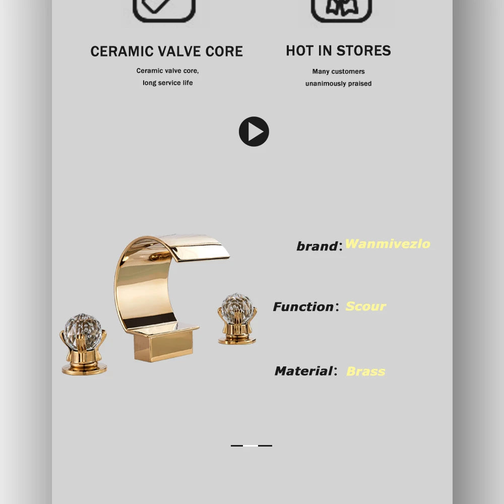 Golden Basin Faucet Deck Mount Widespread Brass Bathroom Basin Mixer Tap Dual Handle Cold and Hot Water Crane Vessel Sink Taps