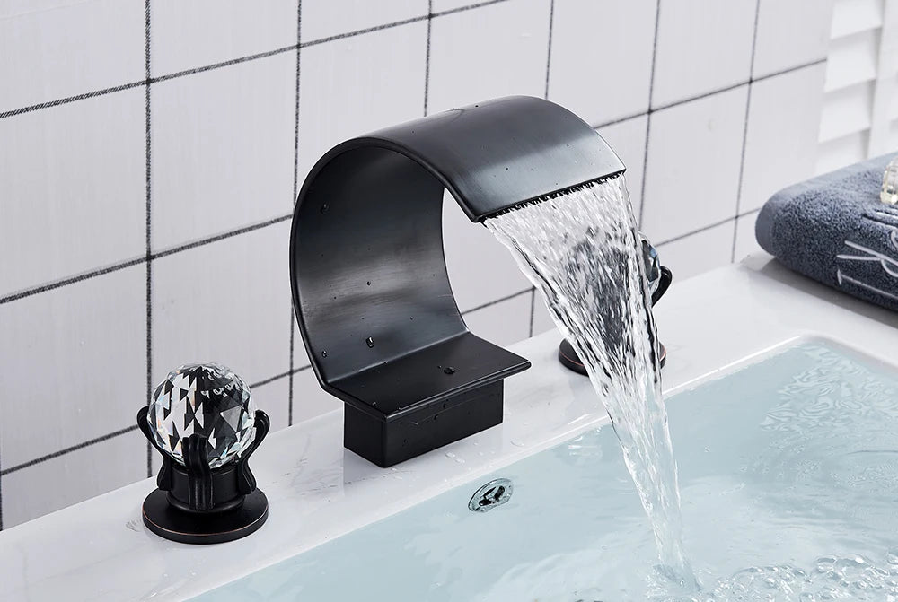 Golden Basin Faucet Deck Mount Widespread Brass Bathroom Basin Mixer Tap Dual Handle Cold and Hot Water Crane Vessel Sink Taps