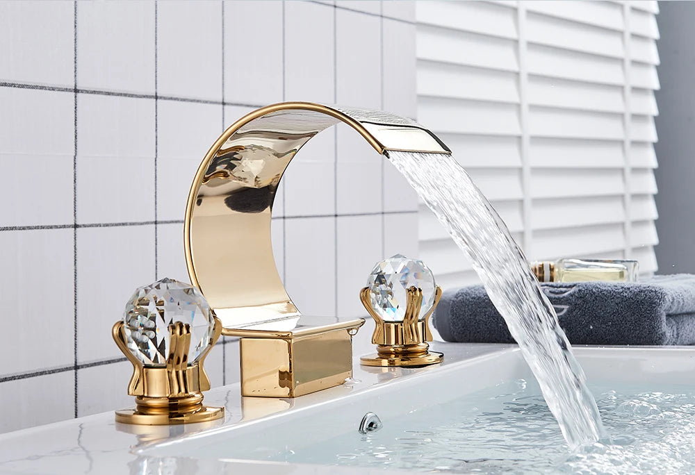 Golden Basin Faucet Deck Mount Widespread Brass Bathroom Basin Mixer Tap Dual Handle Cold and Hot Water Crane Vessel Sink Taps