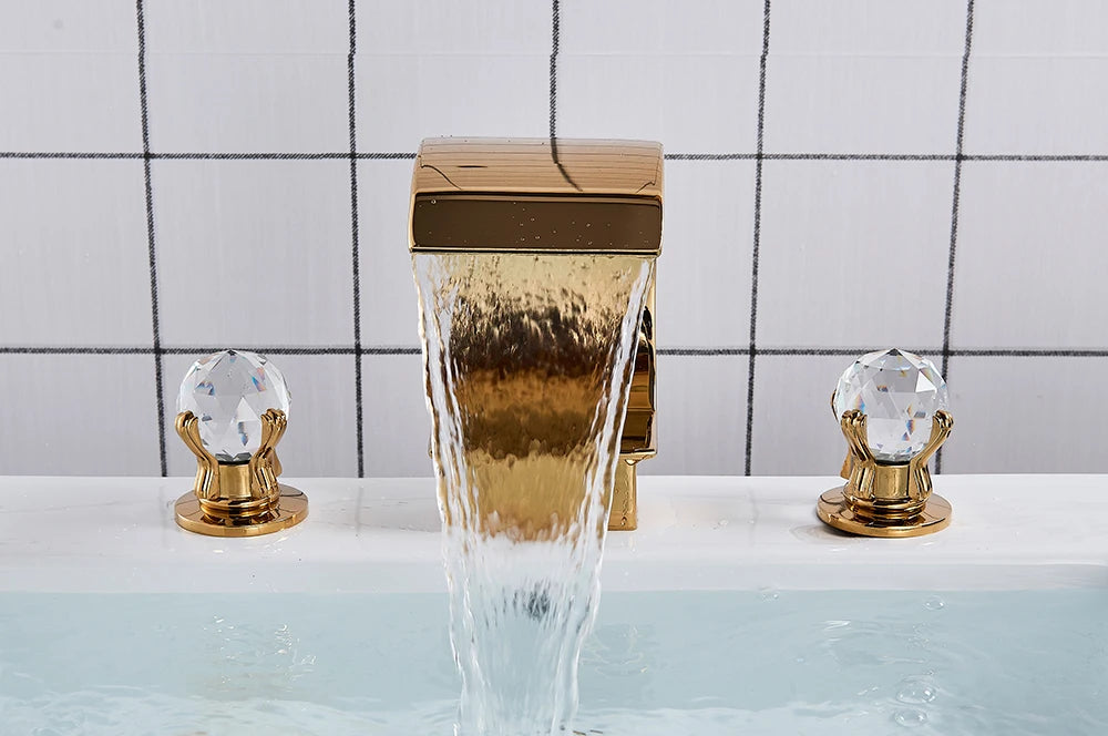Golden Basin Faucet Deck Mount Widespread Brass Bathroom Basin Mixer Tap Dual Handle Cold and Hot Water Crane Vessel Sink Taps