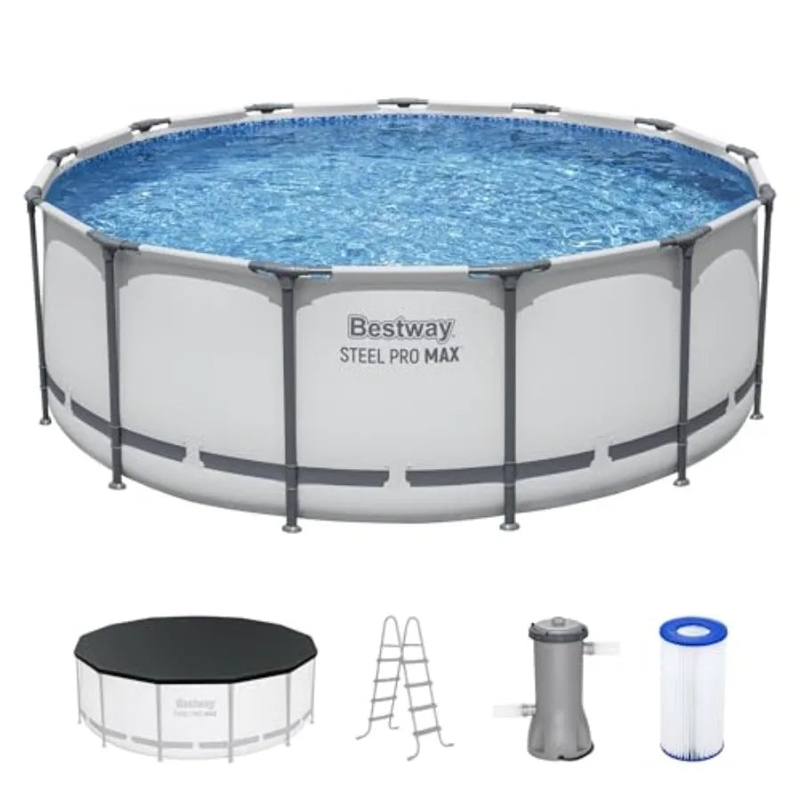 Steel Pro MAX 13' x 48" Above Ground Pool Round Metal Frame Outdoor Swimming Pool Set with Filter Pump Ladder and Cover Gray