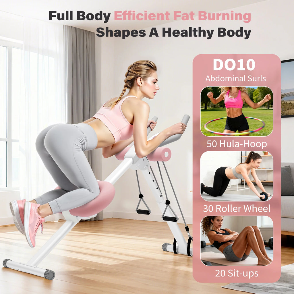 Abdominal Crunch Machine AB Workout Trainers Foldable Full Body Fitness Equipment with Knee & Back Resistance Bands For Home Gym
