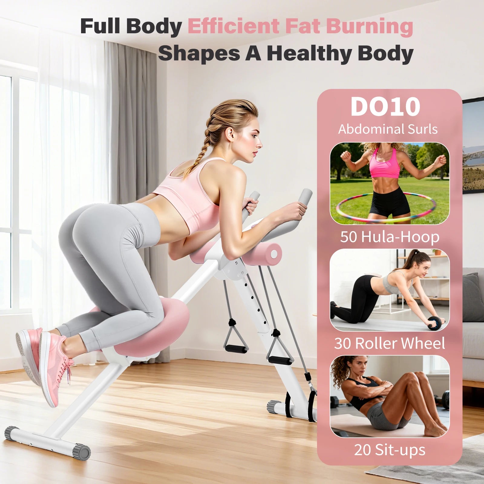 Abdominal Crunch Machine AB Workout Trainers Foldable Full Body Fitness Equipment with Knee & Back Resistance Bands For Home Gym