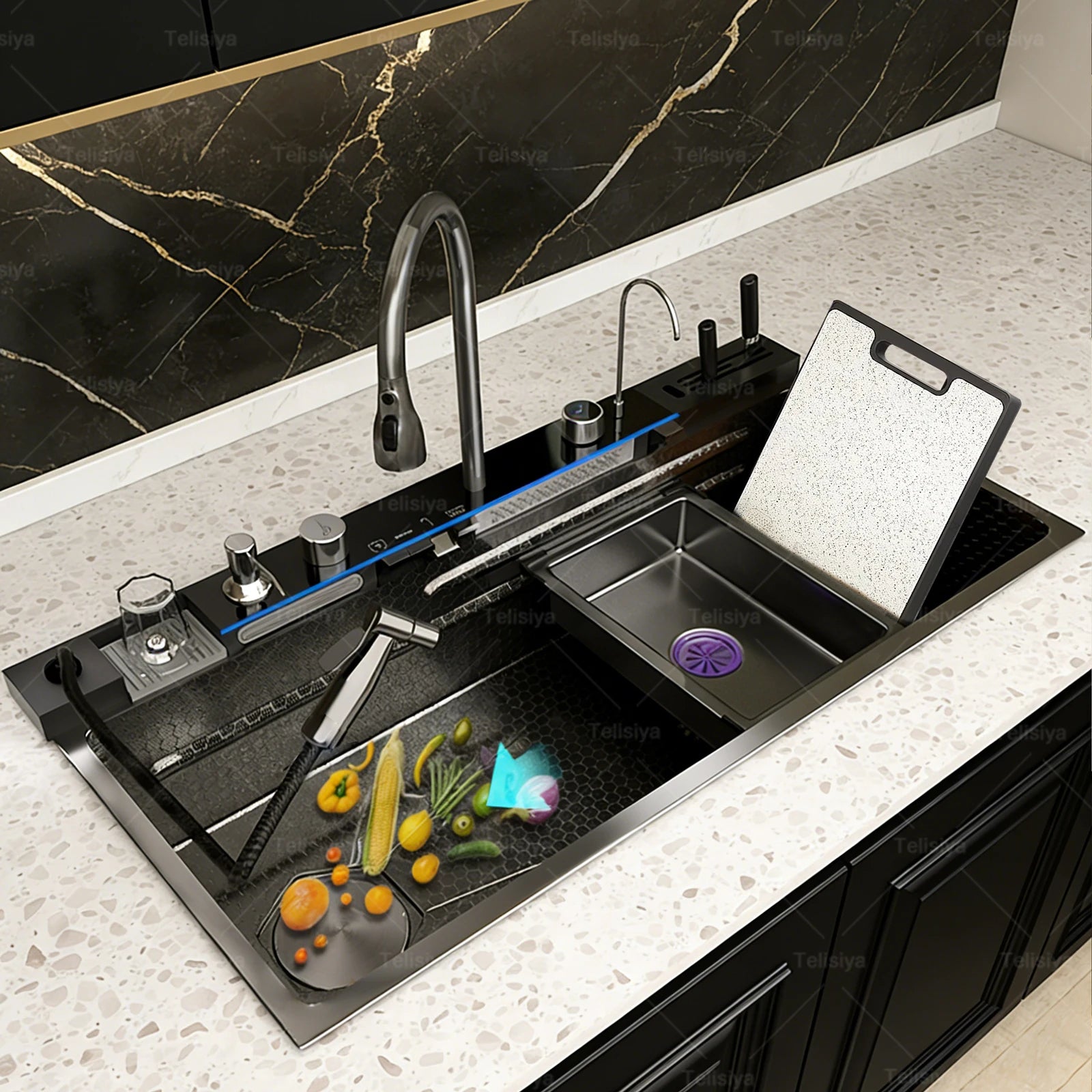 Stainless Steel Kitchen Sink Multifunctional Digital Display Waterfall Large Single Slot Ships from the U.S.