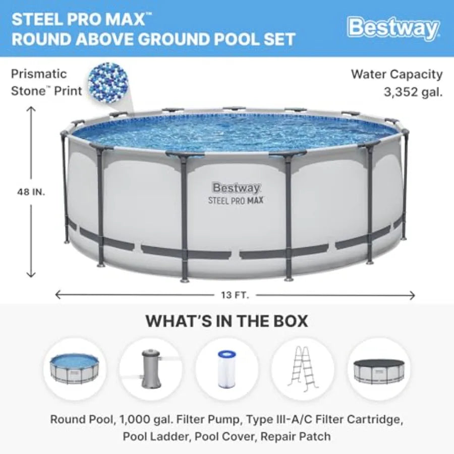 Steel Pro MAX 13' x 48" Above Ground Pool Round Metal Frame Outdoor Swimming Pool Set with Filter Pump Ladder and Cover Gray