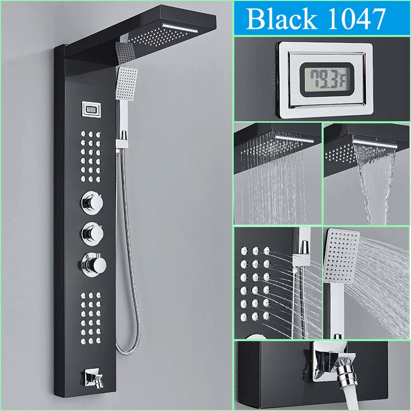 Thermostatic Shower Panel Digital Display Bathroom Shower Faucet Waterfall Rain SPA Massage Jet Column Mixer Tap with Handshower