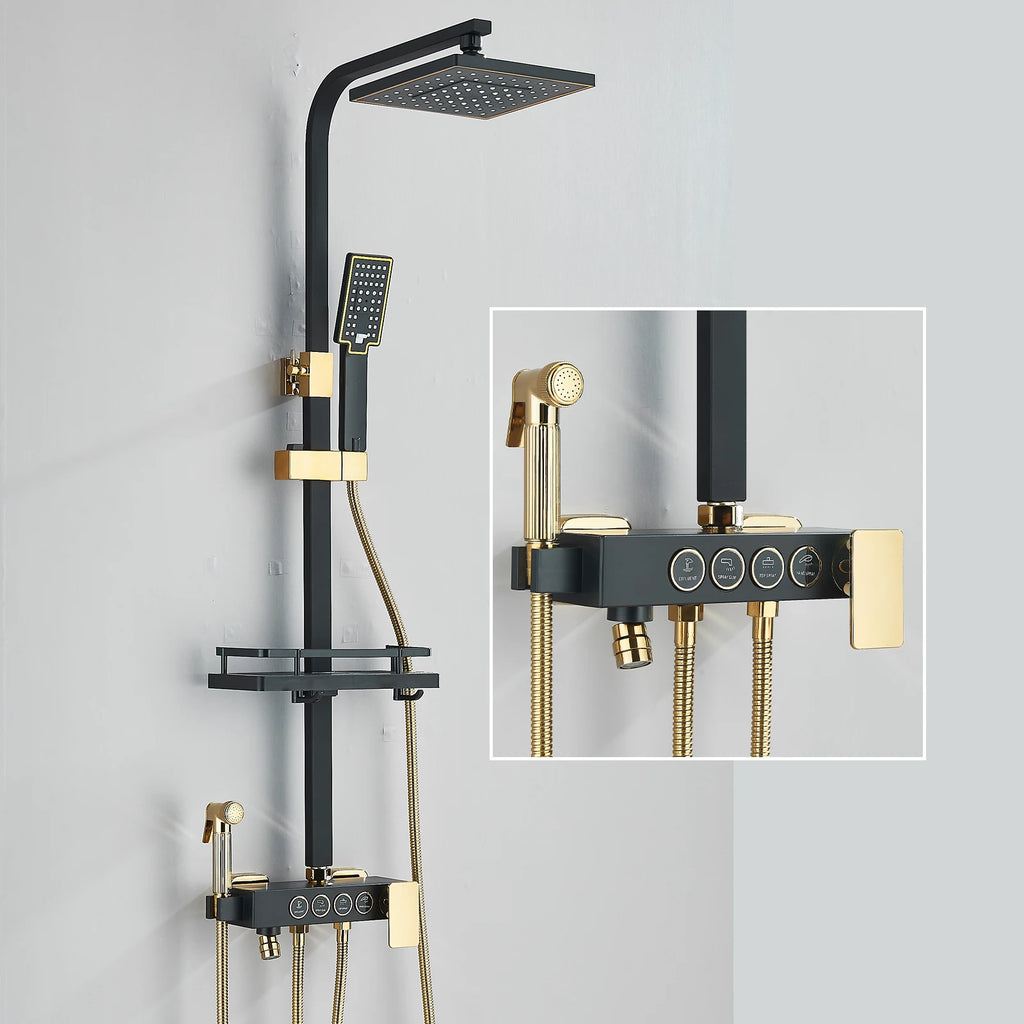 Black Gold Rainfall Shower Faucet Set Brass 4-Ways Liftable Shower Hot Cold Mixed Water Bathtub Mixer System Shower Crane