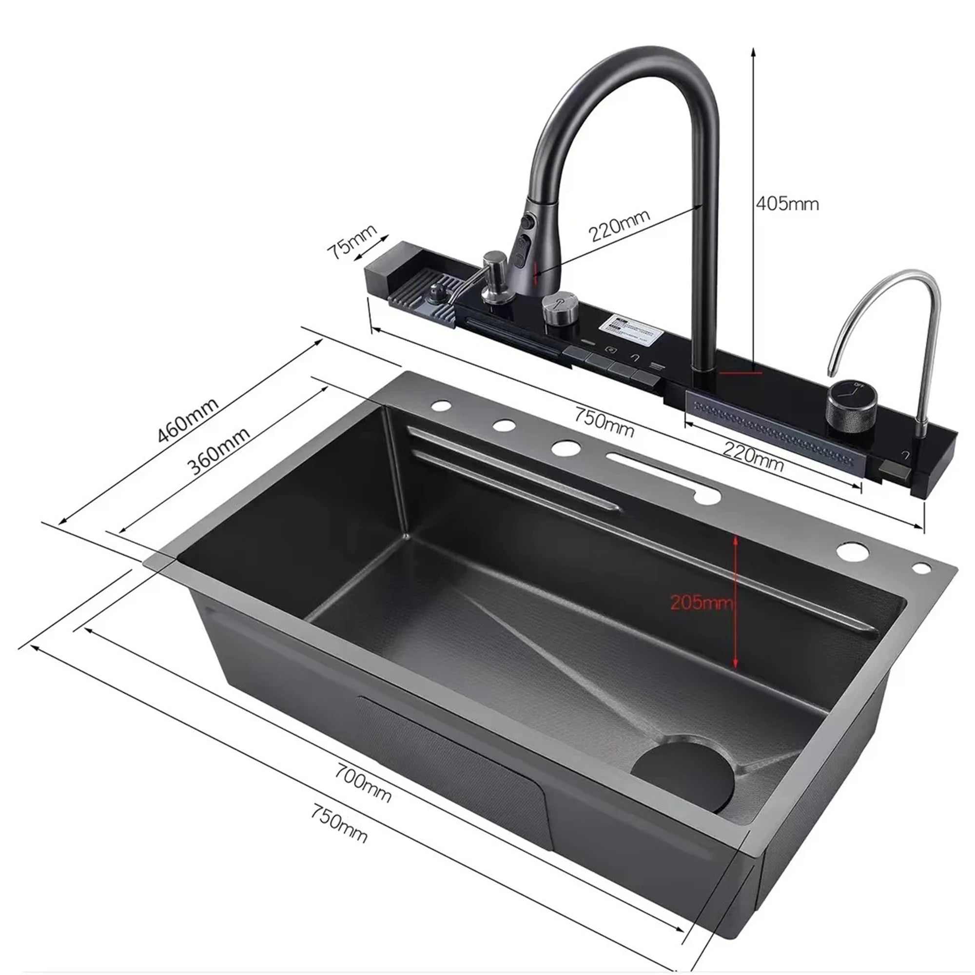Stainless Steel Kitchen Sink Multifunctional Digital Display Waterfall Large Single Slot Ships from the U.S.