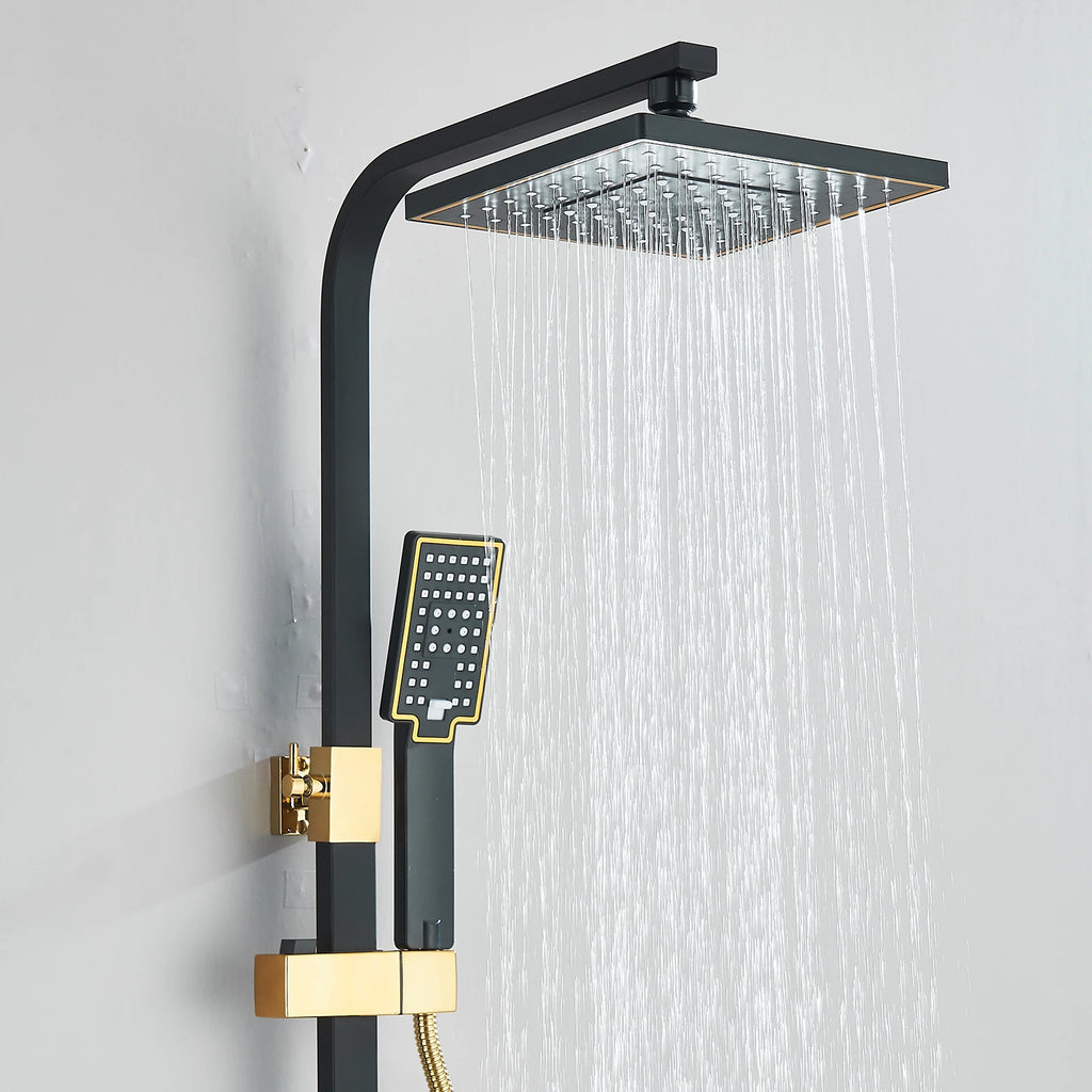 Black Gold Rainfall Shower Faucet Set Brass 4-Ways Liftable Shower Hot Cold Mixed Water Bathtub Mixer System Shower Crane