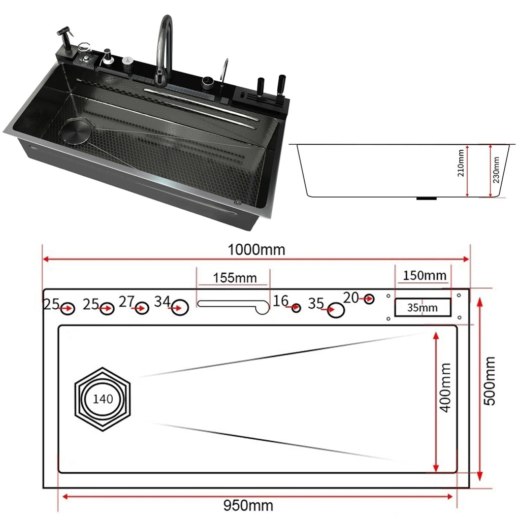 Stainless Steel Kitchen Sink Multifunctional Digital Display Waterfall Large Single Slot Ships from the U.S.