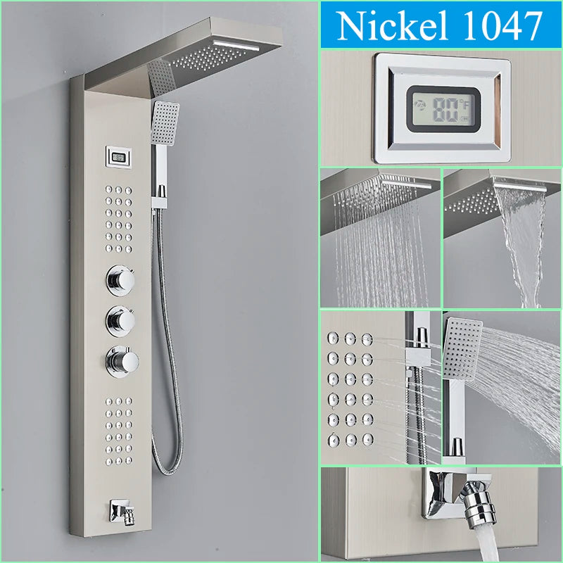 Thermostatic Shower Panel Digital Display Bathroom Shower Faucet Waterfall Rain SPA Massage Jet Column Mixer Tap with Handshower