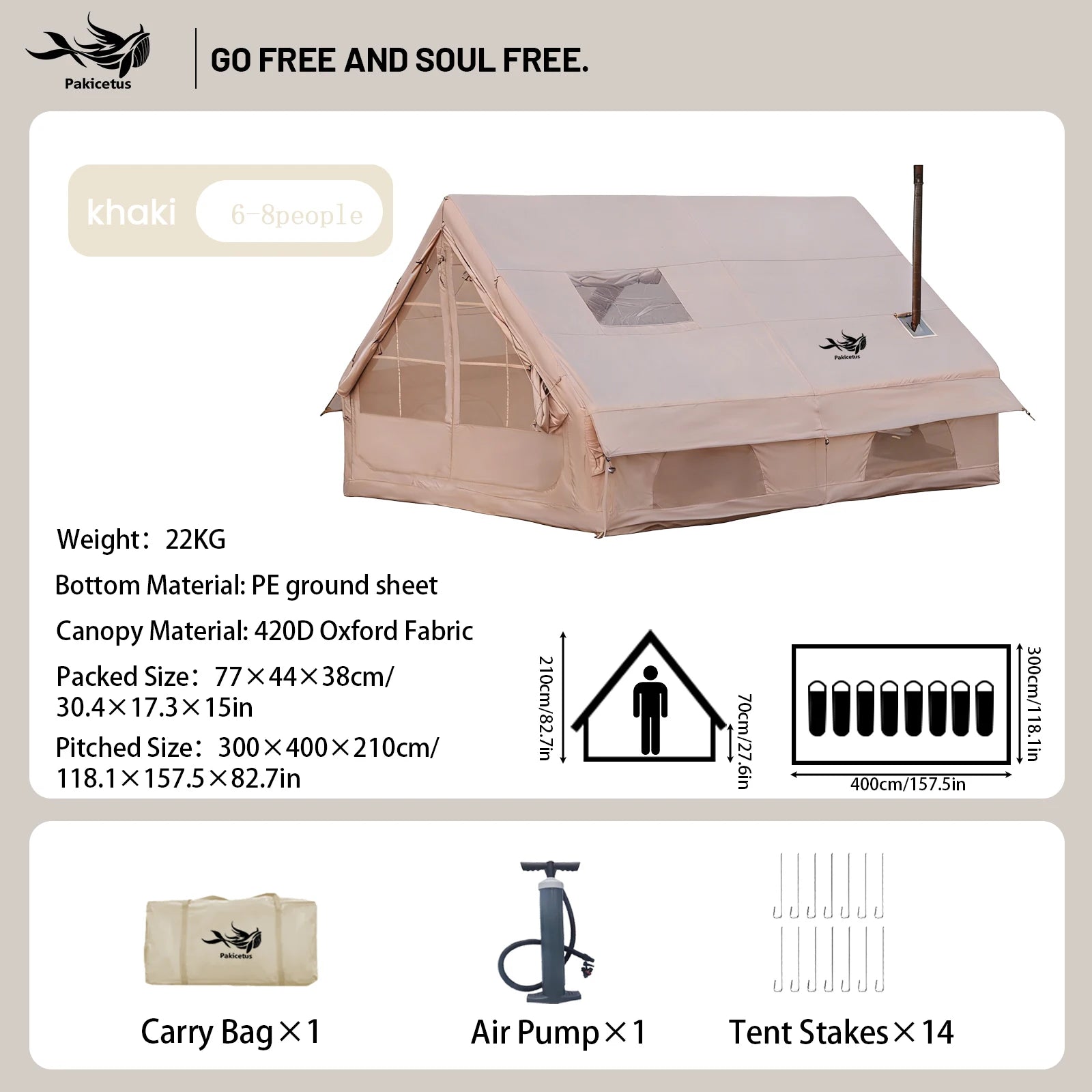 Pakicetus Quick Setup Inflatable Camping Tent, Waterproof Family Tent for 4-8 Persons, Portable Air Tent with Carry Bag