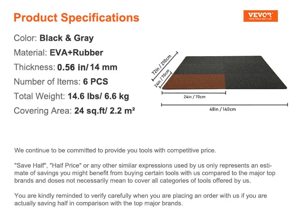 SucceBuy 25/12/6 PCS 1/2 inch Thick Gym Floor Mats EVA Foam Rubber Top Interlocking Workout Floor Mats Waterproof Exercise Mats