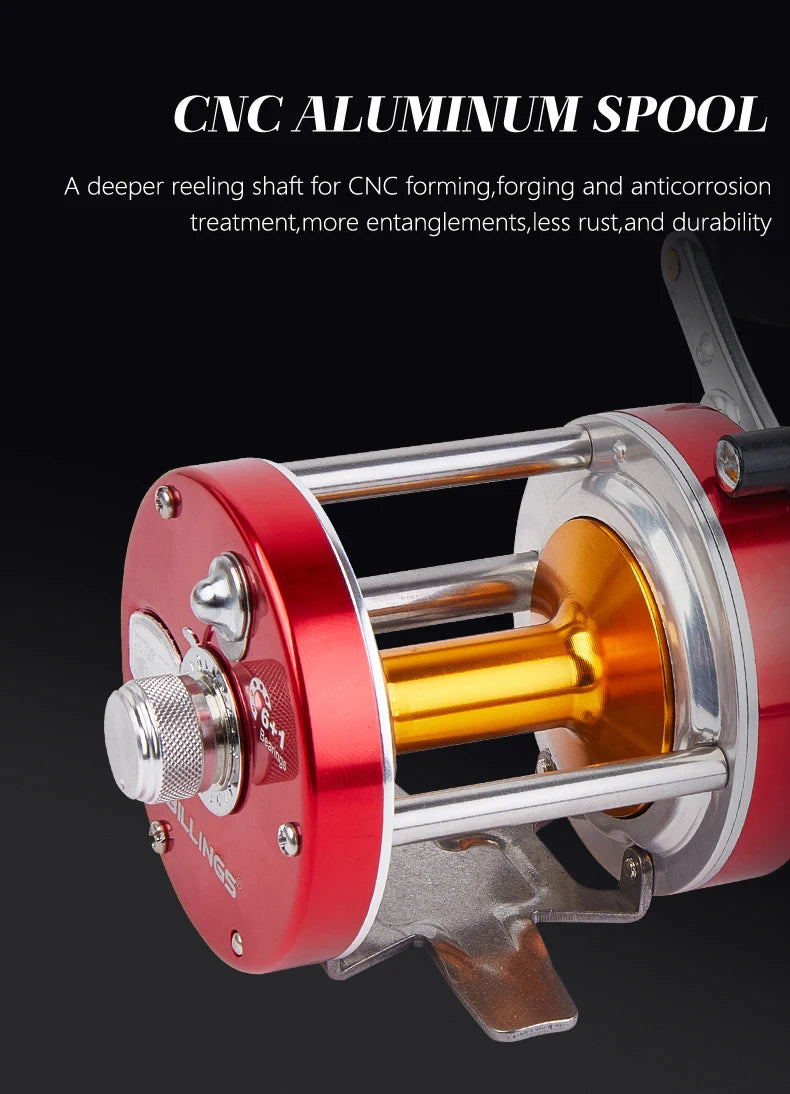 BILLINGS Trolling Drum Fishing Reels 20LB Max Drag  6+1BB 4.2:1/5.2:1 Gear Ratio CNC Aluminum Spool Smooth Right Hand Baitcaster Reel for Freshwater Saltwater