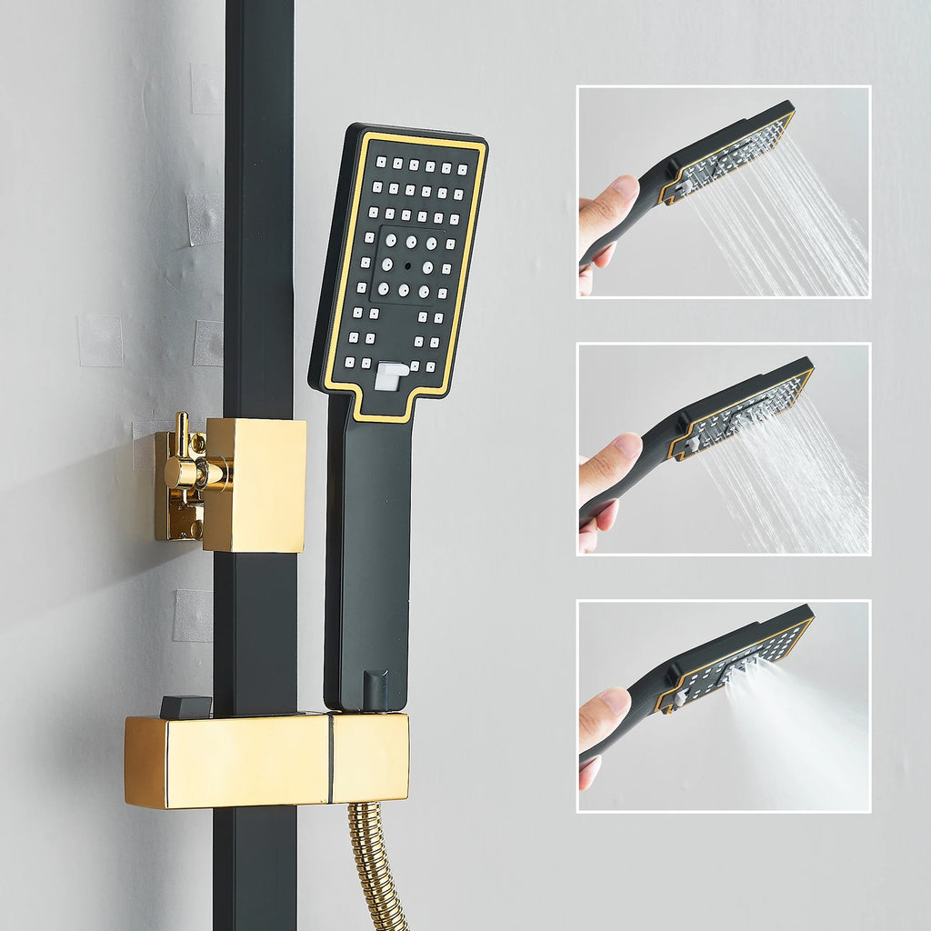 Black Gold Rainfall Shower Faucet Set Brass 4-Ways Liftable Shower Hot Cold Mixed Water Bathtub Mixer System Shower Crane