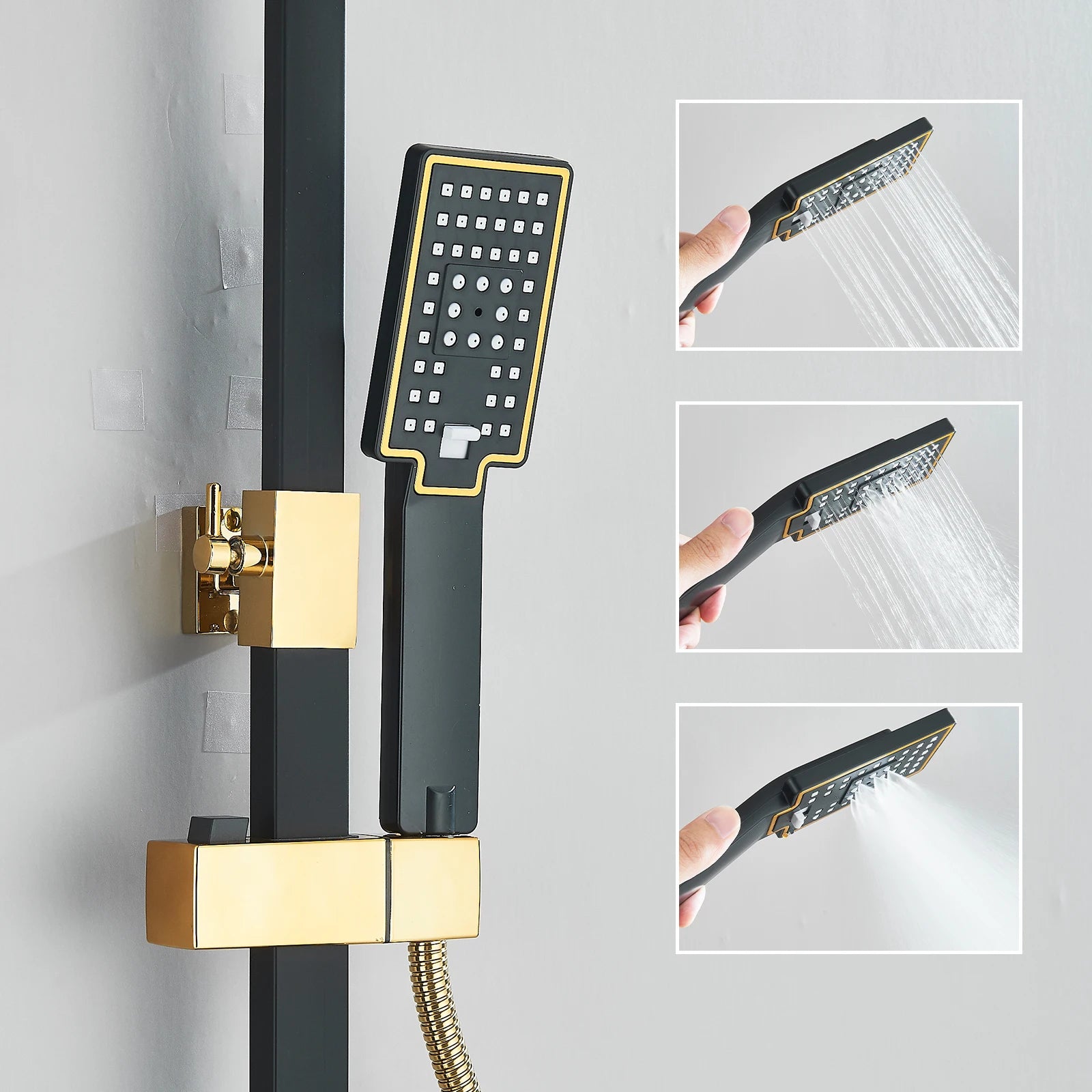 Black Gold Rainfall Shower Faucet Set Brass 4-Ways Liftable Shower Hot Cold Mixed Water Bathtub Mixer System Shower Crane