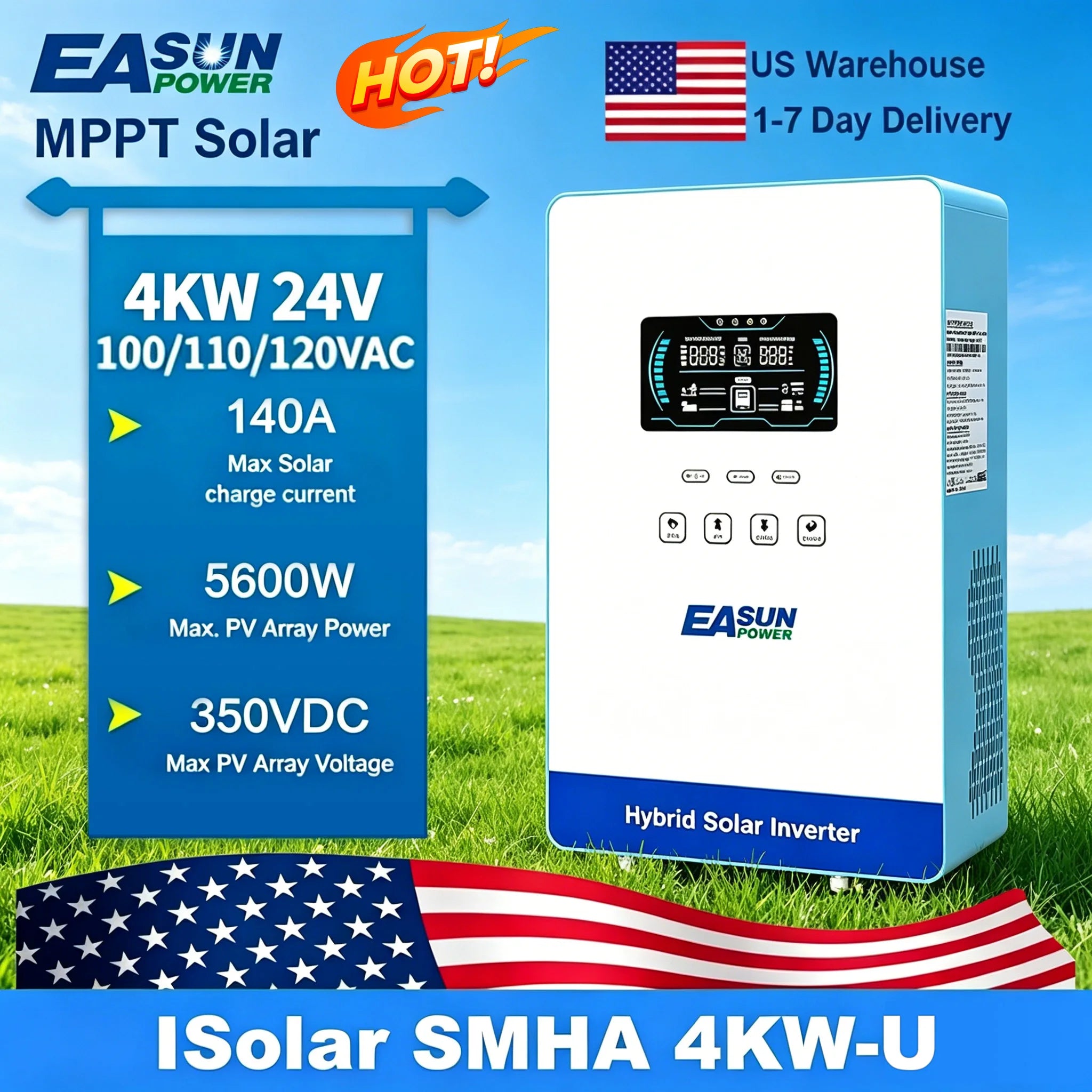 EASUN POWER hybrid Soalr Inverter 4KW MPPT 140A 350VDC PV Input 110VAC 24VDC 4000W Pure Sine Wave 6.25 Inch LCD Display Household with WIFI/without WIFI US warehouse