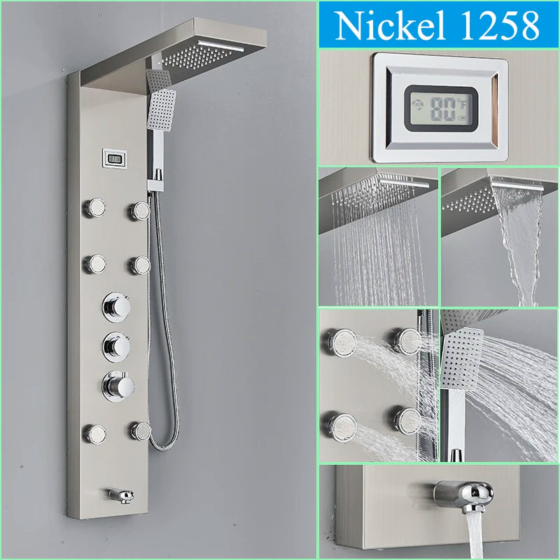 Thermostatic Shower Panel Digital Display Bathroom Shower Faucet Waterfall Rain SPA Massage Jet Column Mixer Tap with Handshower