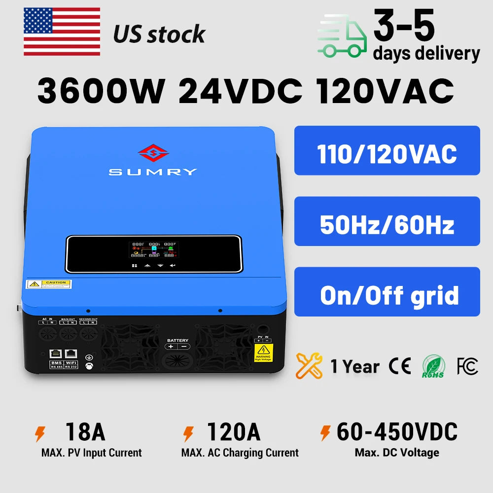SUMRY 3600w Hybrid Pure Sine Wave Inverter 24v Dual Output 120v on/off Grid Solar Inverter 50/60hz Short-circuit Protection
